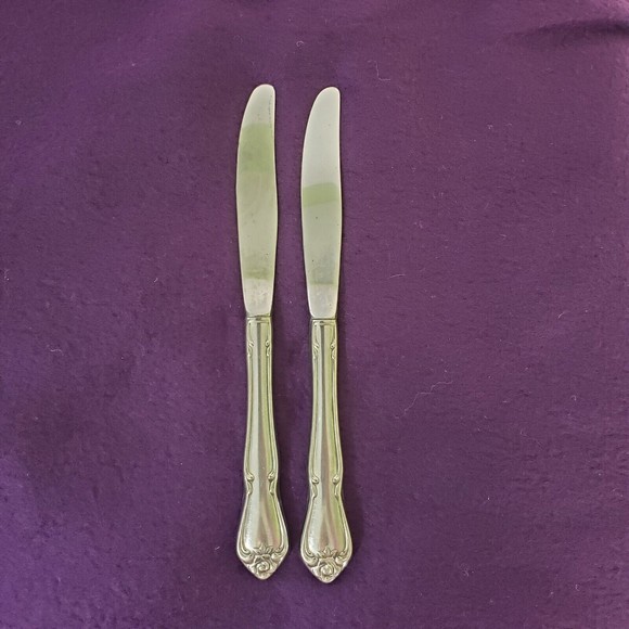 2 Rogers Oneida Stainless Flatware Arbor Rose True Rose Dinner Knives - Picture 3 of 4